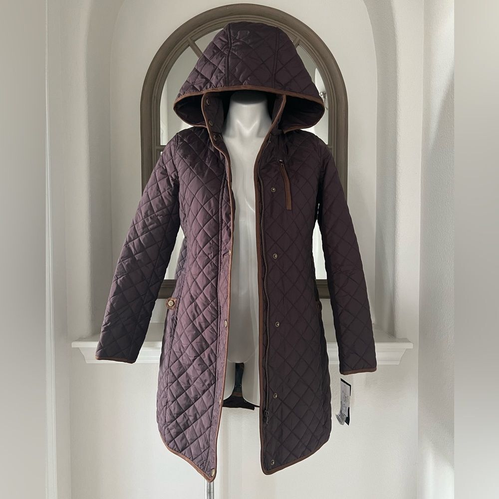 Lauren Ralph Lauren Faux-Leather-Trim Hooded Quilted Coat, Size S New w/Tag - Picture 3 of 16